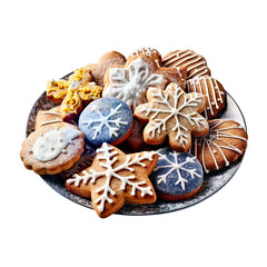 Delicious Christmas cookies decorated with snowflakes on a plate. PNG. Transparent. Generative AI