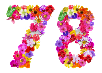 The shape of the number 78 is made of various kinds of flowers petals isolated on transparent background. suitable for birthday, anniversary and memorial day templates