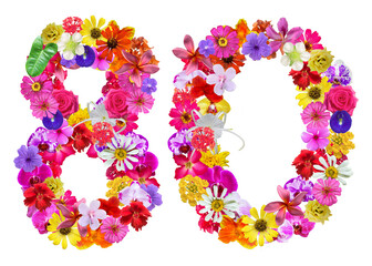 The shape of the number 80 is made of various kinds of flowers petals isolated on transparent background. suitable for birthday, anniversary and memorial day templates, 