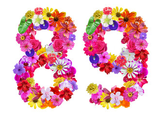 The shape of the number 89 is made of various kinds of flowers. suitable for birthday, anniversary and memorial day templates
