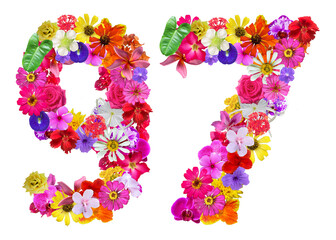 The shape of the number 97 is made of various kinds of flowers. suitable for birthday, anniversary and memorial day templates