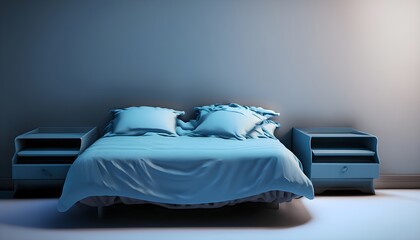 interior of a bedroom, bed covered in a blue sheet next to a wall in a bedroom, luxury home, AI Generated