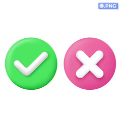 Right and Wrong icon symbols. check mark, cross mark, yes, accepted and rejected concept. 3D vector isolated illustration design Cartoon pastel Minimal style. You can used for design ux, ui, print ad.