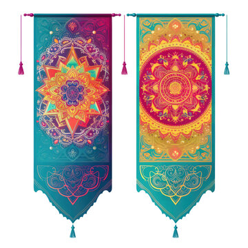 Two vibrant banners with decorative tassels hanging gracefully. PNG. Transparent. Generative AI