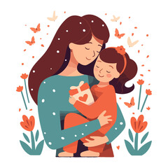 Mother embraces her daughter on a floral background, vector illustration in a flat style