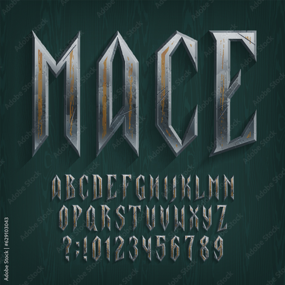 Poster mace alphabet font. distressed metal letters and numbers on a wooden background. stock vector typesc