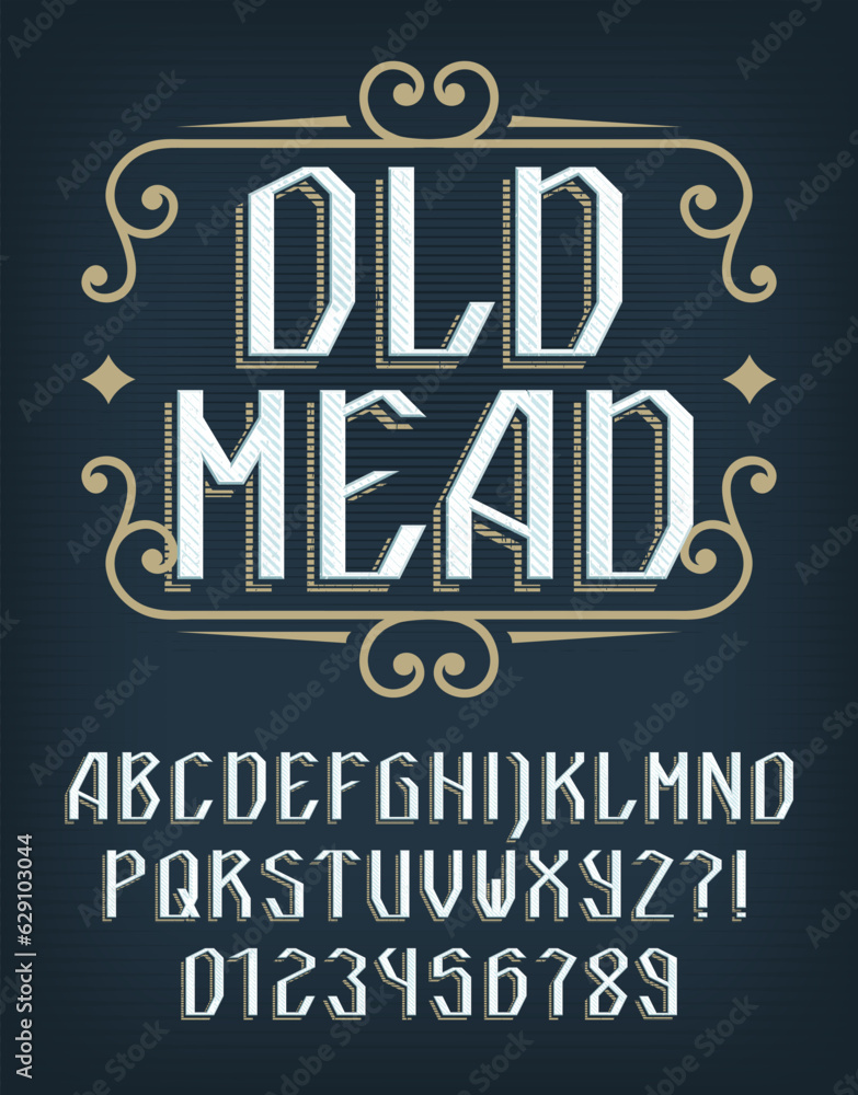 Poster old mead alphabet font. medieval letters and numbers for label, badge or emblem design. stock vector