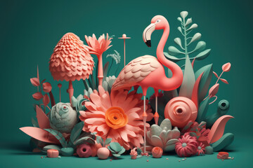  Paper illustration of Tropical background with flamingos.