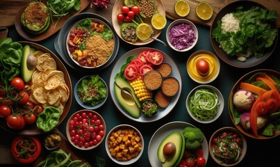 Fototapeta premium Healthy food clean eating selection: fruit, vegetable, seeds, superfood, cereal, leaf vegetable on gray concrete background . Generative AI