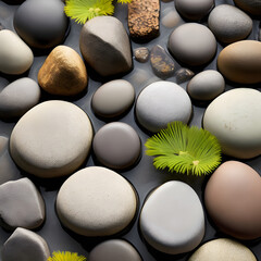 Beauty and serenity of a zen garden captured with a macro lens, showcasing the carefully arranged rocks and raked patterns. Minimalistic composition and soothing colors invite inner calm and contempla