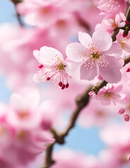 Enchanting beauty of a blooming cherry blossom tree in a Japanese garden, captured with a macro lens to highlight the delicate petals and evoke a sense of tranquility.