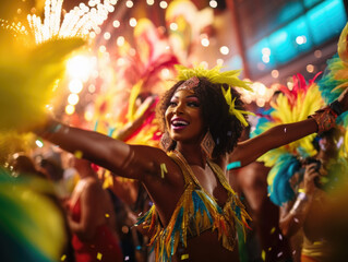 Obraz premium Vibrant Carnival Rhythms. Dancers in Exotic Feather Costumes at the Brazilian Carnival. AI Generative