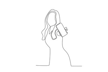 One continuous line drawing of a woman showing her cell phone with her left hand facing forward
