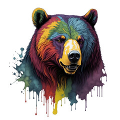 Watercolor Bear On A Transparent Or White Background. Abstract Portrait Colorful Bear Illustration
