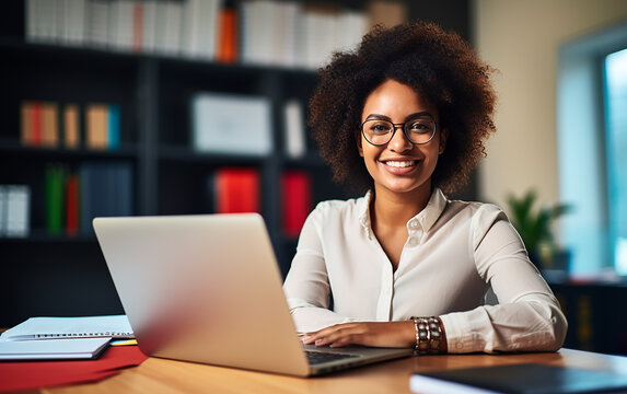 Young Smiling Black Dark-skinned African American Business Woman Manager, Lawyer Or Company Employee Holding Accounting Bookkeeping Documents And Working