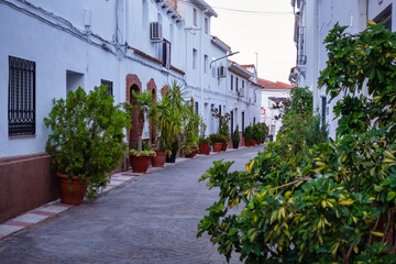 Alley of the white village of Tamurejo decorated with green plants and suspended umbrellas, Ciudad Real.