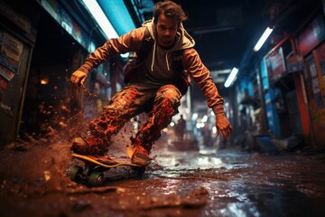 A dynamic snapshot captures a man demonstrating his skills, skateboarding through a vibrant,...