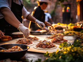 Talented Chef Creates Tacos at a Festive Outdoor Fiesta in San Miguel de Allende - A Culinary Journey Through Mexican Tradition, Flavors, and Festivities - obrazy, fototapety, plakaty
