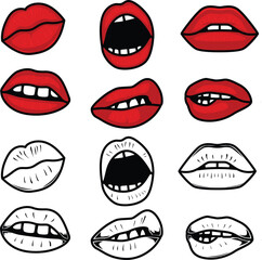 Set of female lips expression clipart. Lips silhouettes