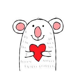 Cute koala bear with heart. Be my Valentine. Valentine's day banner, background, flyer, placard. Holiday poster for scrapbooking. Vector illustration card for greeting, decoration, congratulation