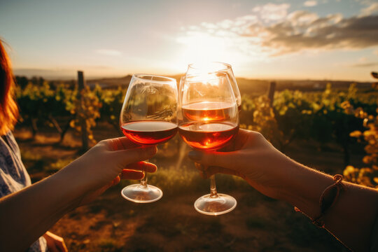 Cheers to Friendship. Friends Brindar and Enjoy the Sunset with Vineyards in the Background. AI Generative