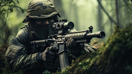 Close-up view of a mercenary sniper in the forest. - obrazy, fototapety, plakaty