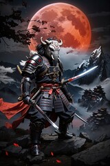 illustration of a samurai in an elephant mask who is scary and dashing like a warrior. with a dark night background and a scary moon