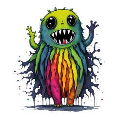 Fototapeta premium Funny Monster Characters with Watercolor Splash on Transparent Or White Background. Colorful Funny Devil, Ugly Alien and Creature