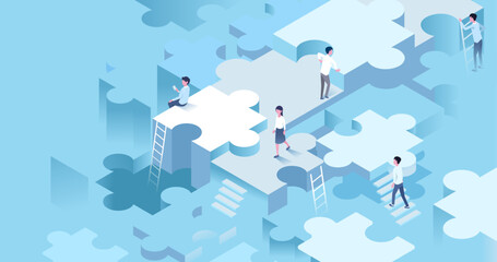 vector people connecti puzzle isometric background 