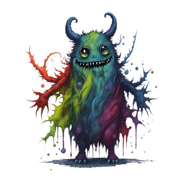 Funny Monster Characters with Watercolor Splash on Transparent Or White Background. Colorful Funny Devil, Ugly Alien and  Creature