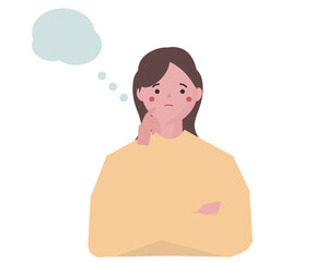 吹き出しを浮かべ想像をする女性。アイデア、不安、心配。ベクターイラスト