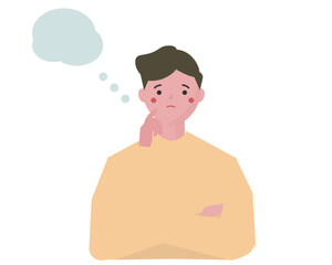 吹き出しを浮かべ想像をする男性。アイデア、不安、心配。ベクターイラスト