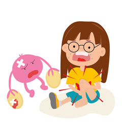 flat cartoon Stomach ache woman, Uterus, ovaries, ovarian cysts and cell abnormalities