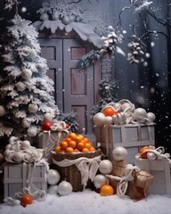 New Year's gifts, Christmas tree, orange balls in the room. Gray background and holiday concept.