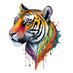 Watercolor Tiger On A Transparent Or White Background. Colorful Realistic Painting Portrait of Tiger