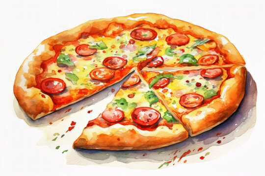 delicious pizza in watercolor