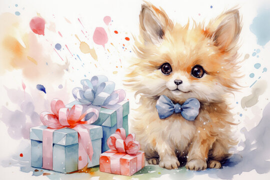 Cute puppy and gift box, birthday card