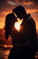 Silhouette of a couple in love on the background of a beautiful sunset.