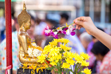 People pouring water to Buddhist statue and gives blessing in Thailand Songkran annual festival in Buddhist temple