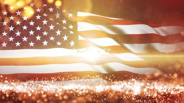 Happy Labor day golden text with USA flag waving texture with bokeh and gold particles cinematic title animation on black abstract background, 