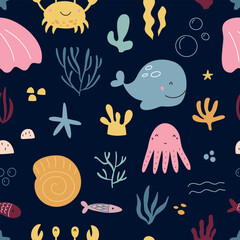 Fototapeta na wymiar Seabed seamless pattern with algae, corals and cute sea inhabitants, seahorses, small crabs and fish, with anchor, shells and starfish. Childish vector hand-drawn illustration with colorful palette.