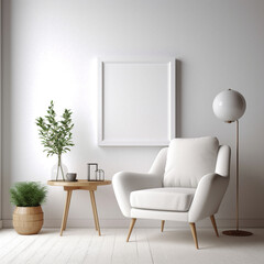 modern living room chair with mockup of an empty white picture frame