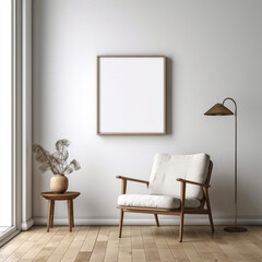 interior of a room with a chair a blank picture frame mockup