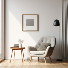 room with chair with a white wall with a blank picture frame mockup