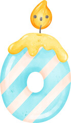 cute blue  birthday candle doodle number 0 zero with smile light cartoon children watercolor illustration