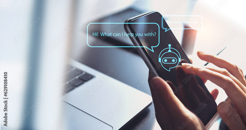 Poster digital chatbot, robot application, conversation assistant, ai artificial intelligence concept. man 