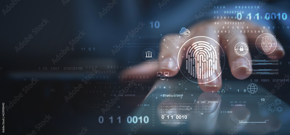 Poster biometrics security system. woman using fingerprint identification to access personal financial data