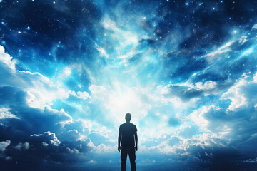 Faith. Heavenly background. Man looking at the heavens