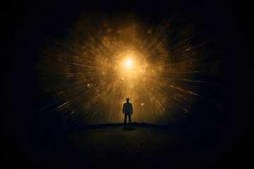 Faith. Heavenly background. Silhouette of a man standing in front of a light source - obrazy, fototapety, plakaty
