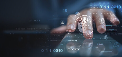 Biometrics security system. Woman using fingerprint identification to access personal financial...